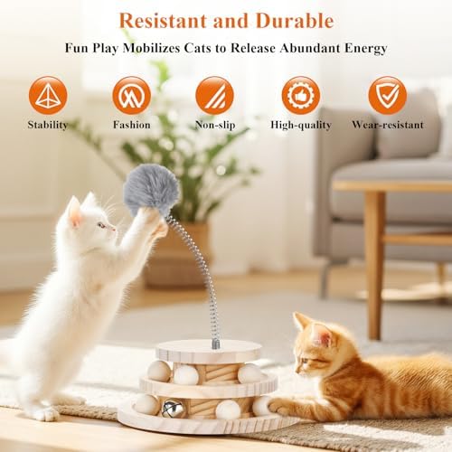 2-Tier Wooden Cat Ball Track Toy - Non-Toxic Cat Turntable with Removable Balls, Interactive DIY Circle Toy for Kittens & Cats Mental/Physical Exercise, Safe Natural Wood Kitty Roller