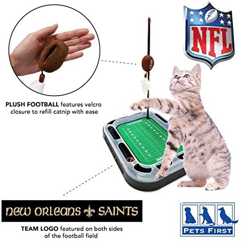 CAT BELL BALL NFL New Orleans Saints Football Field CAT Scratcher Toy with Catnip Filled Plush Football Toy & Feather Cat Toy Hanging, with Jingle Bell Interactive Ball Cat Chasing 5-in-1 Kitty Toy