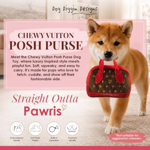 Dog Diggin Designs Chewy Vuiton Posh Purse Plush Dog Toy | Luxury-Inspired Parody Designer Handbag with Squeaker, Soft Plush Fashion Dog Toy – Haute Couture Purses & Handbags