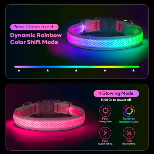 Multicolor LED Dog Collar USB-C Rechargeable, Light Up Dog Collar, Rainbow Gradient Glowing Dog Collar with 4 Light Modes, Adjustable Candy Mesh Pet Collar(Pink, Large)