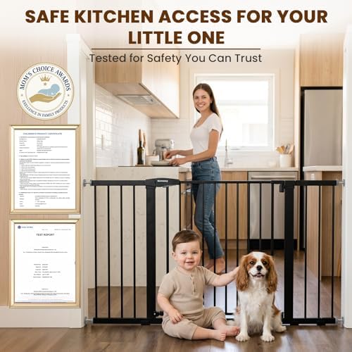 Mumeasy 36-58" Extra Wide Baby Gate for Stairs, 30" Tall Walk Through Dog Gate for Doorways & Hallways, Auto Close Pressure Mounted Safety Gate for Toddlers & Pets, Dual Swing Child Gate Indoor, Black
