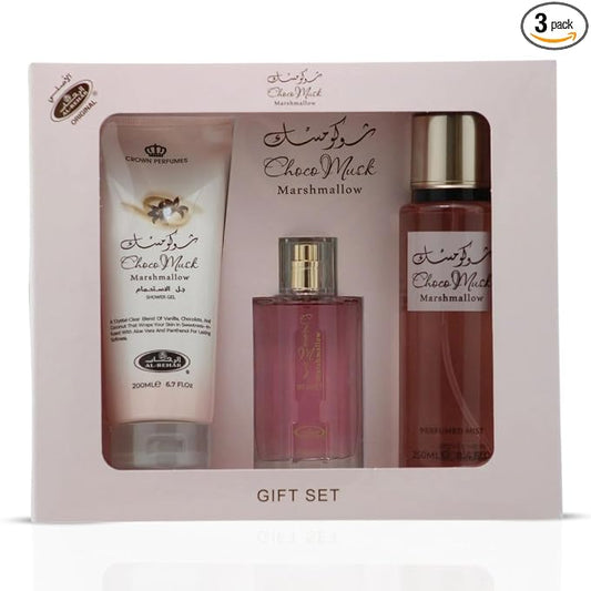 Al-Rehab Choco Musk Marshmallow 3-Piece Gift Set – Eau de Parfum 50ml + Shower Gel 200ml + Body Mist 250ml – Sweet Strawberry & Marshmallow Unisex Collection