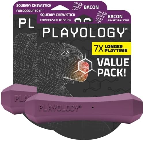 Playology Squeaky Chew Stick - Scented Dog Toy - Medium, Bacon Scent, 2-pk
