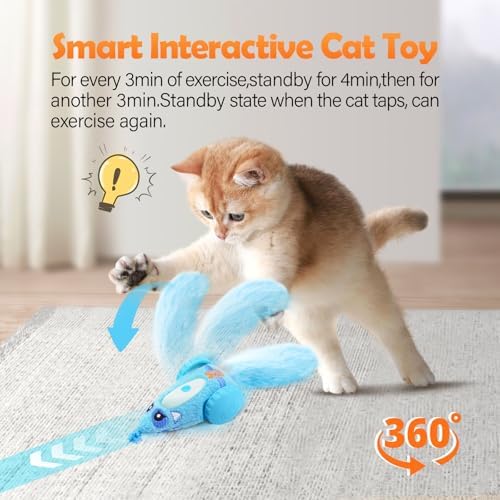 Migipaws Automatic Cat Toys for Indoor Cats, Plush Interactive Mouse Toy, Smart Moving Rechargeable Kitten Toy (Blue)