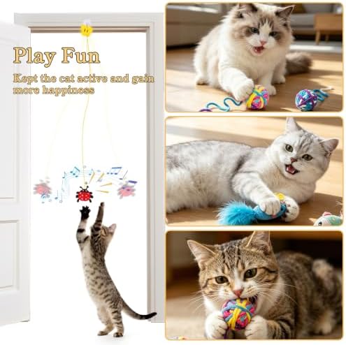 Door Hanging Cat Toy Set, Interactive Self-Play Cat Teaser with Retractable Elastic String, Hanging Door Cat Toys for Indoor Cats Kitten, Boredom Relief (6 Pack)