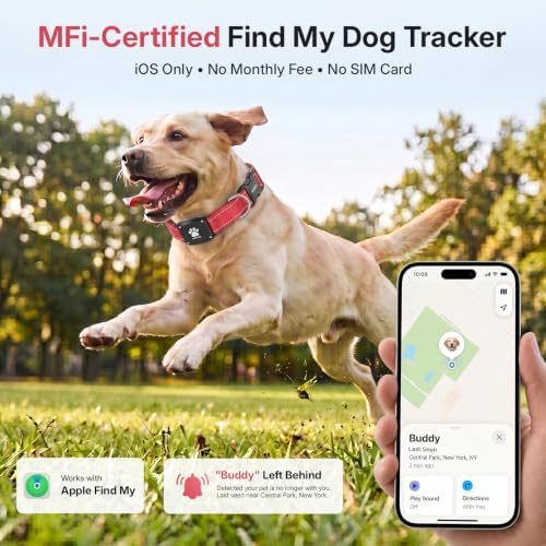 GPS Dog Collar with Tracker, Waterproof, No Monthly Fee, Red, L | Works with Apple Find My, iOS Only, MFi Certified, No SIM Card, for Large Dogs, Reflective Padded Nylon, Neck 16.5-23.5 in