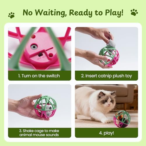 Cat Toys for Indoor Cats - Interactive Ball Cage Cat Toy with Realistic Mice Sounds & 2 Catnip Plush Toys, Motion-Activated Hunting Simulation Toy for Cats