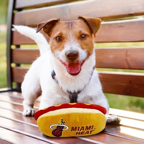 Pets First NBA Miami Heats HOT Dog Plush Dog & CAT Squeak Toy - Cutest HOT-Dog Snack Plush Toy for Dogs & Cats with Inner Squeaker & Beautiful Basketball Team Name/Logo 8 x 5 x 3 Inches