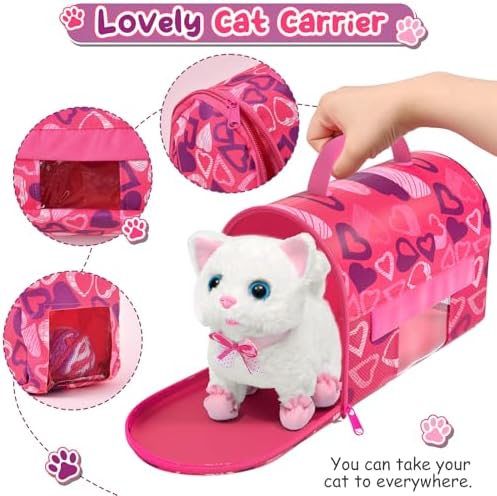 Golray Interactive Cat Toys for Kids Girls Gift, Electronic Plush Toy Cat Can Walk and Meow - 16 Pcs Carrier & Pet Groom Feed Care Pretend Play Set, Birthday Gift for Toddler Little Girl 3 4 5 6 7 8 9