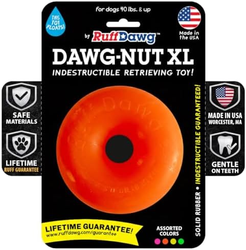 Ruff Dawg Dawg-Nut XL 4.5” Orange – Heavy-Duty Solid Rubber Donut Dog Chew Toy for Dogs 40 lbs & Up – Floats & Bounces – Made in USA