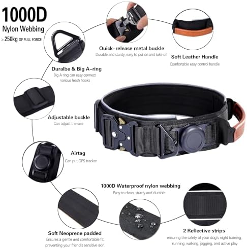 2" Tactical Dog Collar with Airtag Holder & Handle for Medium Dogs (Black)