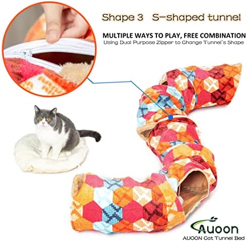 AUOON Cat Donut Tunnel with Bed for Kitten Puppy Rabbit Ferret, Orange
