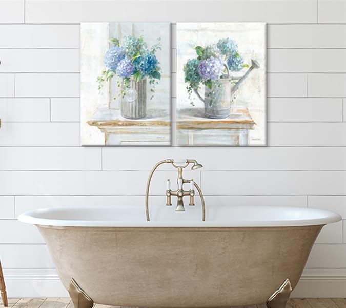 Blue Hydrangea Bathroom Wall Art 2 pcs Farmhouse Rustic Flower Art Botanical Floral Posters Paintings Framed Artwork for Dining Room kitchen Bedroom Living Room 12"x16"