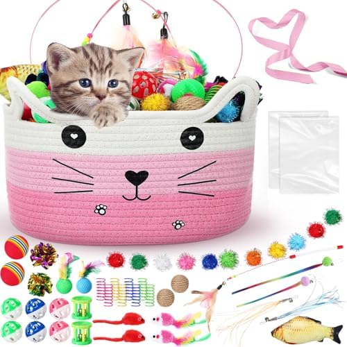 Zopeal 76 Pcs Cat Storage Basket Gift Toys Set, Pink