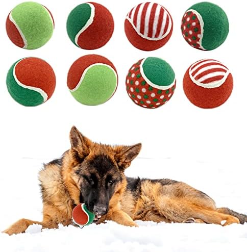 8Pcs Christmas Dog Tennis Balls Dog Xmas Squeaky Tennis Ball Toy Xmas Green and Red Puppy Interactive Toys for Small Medium Dogs Training Playing