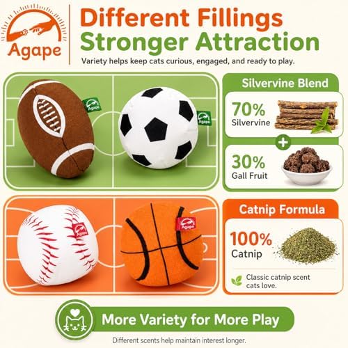 Agape Organic Catnip & Silvervine Filled Cat Toy Balls with Bell Sound