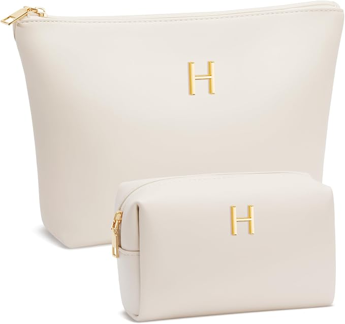 Women Gifts | Initial Makeup Bag for Girl Personalized Gifts for Bridesmaid Friend PU Leather Cosmetic Travel Toiletry Bag(Beige,H)