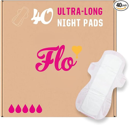 Flo Ultra Long Night Menstrual Pads, 40 Count - Heavy Flow Absorbency, 3D Leak Barrier, Bamboo Rayon, Plant-Based, Vegan, Cruelty-Free
