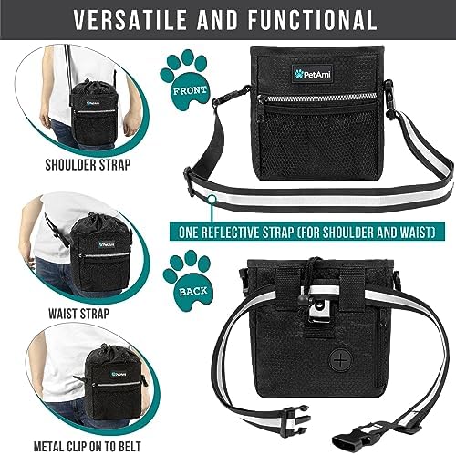 PetAmi Dog Treat Pouch, Pet Treat Pouch for Training, Dog Walking Bag Holder for Kibbles, Pet Food Toy, Dog Trainer Essentials Supplies, Poop Bag Dispenser, 3 Ways to Wear (Black)