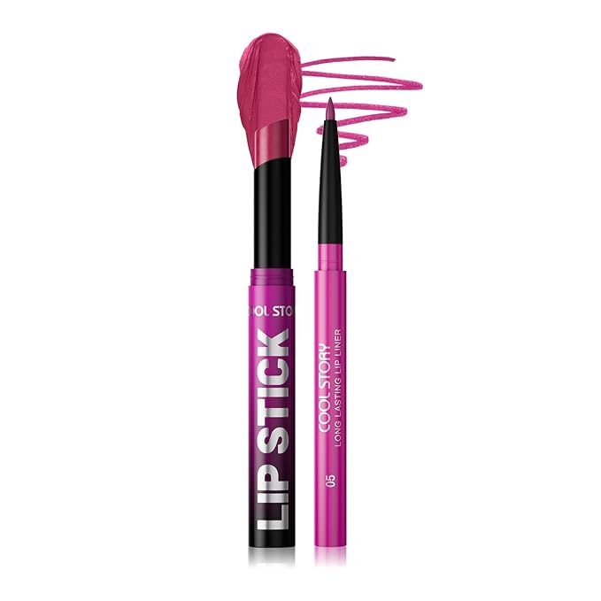 2 Piece Lip Liner and Lipstick Set, Long Lasting Formula, Professional Makeup Kit (05)