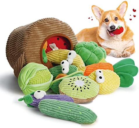 Nocciola Squeaky Fruits Veggies Stuffed Dog Toys Pack- Hide Seek Grocery Basket Crinkle Plush Puppy Toys to Keep Busy, Birthday Pet Supplies Gifts for Small Medium Breeds