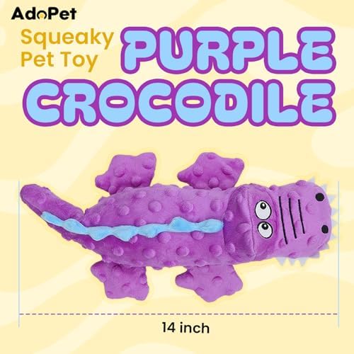 Squeaky Octopus Dog Toy – No Stuffing, Crinkle Sound Plush Chew Toy for Small and Medium Dogs – Durable and Machine Washable – 2 Pack (Purple Crocodile)