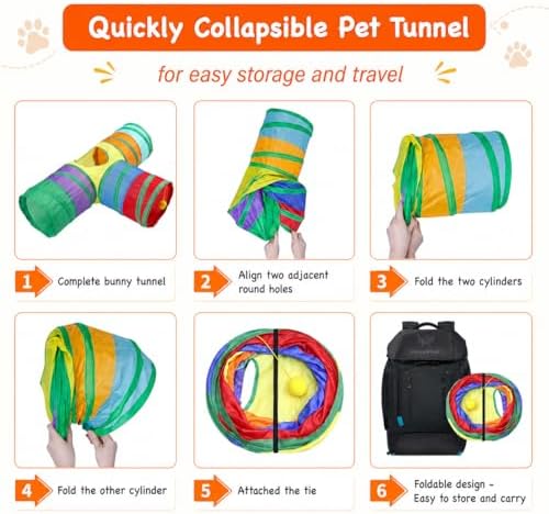 Rabbit Tunnel Collapsible 3 Way Tunnels and Tubes with Interactive Ball Bunny Hideout - Small Animal Activity Tunnel Toys for Dwarf Rabbit, Guinea Pig, Kitty
