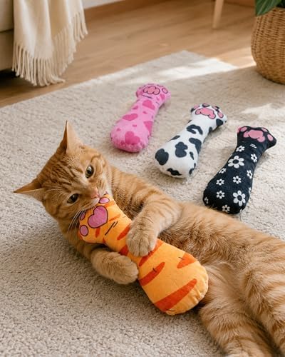 PET SHOW 4 Pack Cat Kicker Toys with Catnip Crinkle Sound Cat Toy Random Assorsted Stuffed Plush Kittens Paw Shape Natural Interactive Toys for Indoor Cats