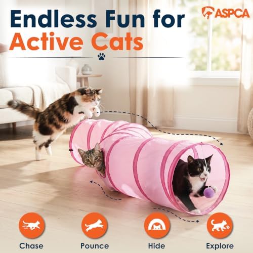 ASPCA Cat Tunnel with Rattle Toy – Interactive Collapsible Cat Tunnel for Indoor Cats, Crinkle Play Tunnel with Hanging Rattle Toy, Encourages Hiding, Chasing, Pouncing & Active Play, S-Shape, Pink
