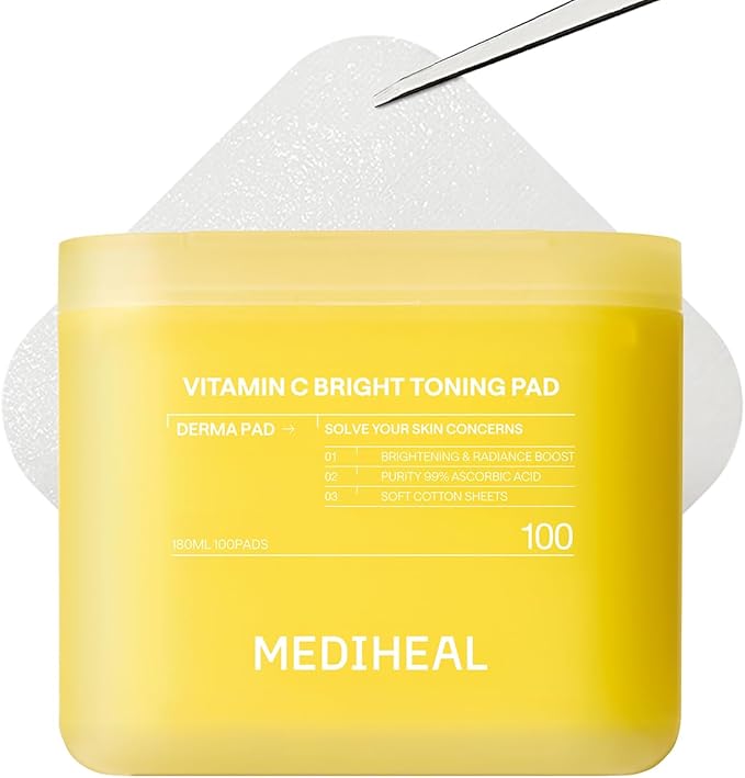 MEDIHEAL Toner Pads [Vitamin C] Bright Toning - Radiance Booster for Clear & Illuminating Skin - Contains Niacinamide for Blemish Care & Skin Toning - Vegan Stretchable Fabric Pads (100 Count)