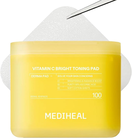 MEDIHEAL Toner Pads [Vitamin C] Bright Toning - Radiance Booster for Clear & Illuminating Skin - Contains Niacinamide for Blemish Care & Skin Toning - Vegan Stretchable Fabric Pads (100 Count)