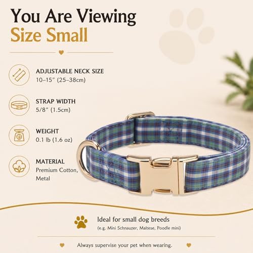 Soft Cotton Dog Collar Classic Plaid Pet Collars with Metal Clasp for Small Dogs with Sensitive Skin, Highland Blue Tartan