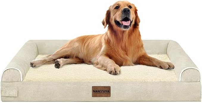 Orthopedic Dog Bed for X-Large Dogs, 40 x 32 Inch, Beige | Egg crate foam for joint support, 3-sided bolster pet sofa, waterproof lining, washable cover, and non-skid base