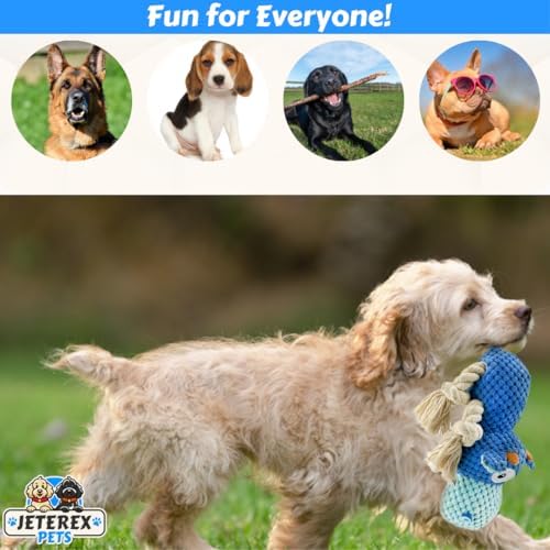Large Dog Toy - Blue Cow Squeaky Dog Toys for Large Dogs, Medium and Small Dogs. Durable with Pineapple Plush Fabric, Rope Legs, Hidden Seams, Reinforced Stress Points, Embroidered Eyes