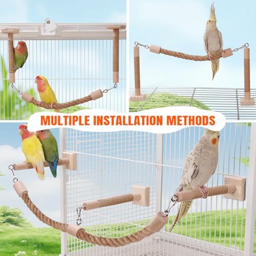 La La Pet Bird Rope Perches for Cage Natural Wood Standing Perch Hanging Bridge and Swing Interactive Birds Toys for Conures Budgies Parakeets Cockatiels Lovebirds 3-Set