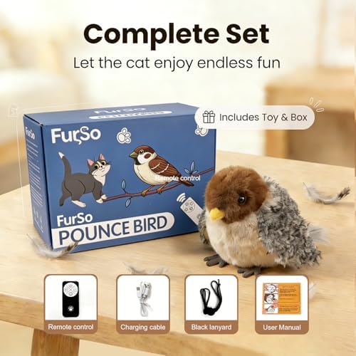FurSo Interactive Cat Toys for Indoor Cats, Remote Control Flapping Bird Toy (Not Flying), Rechargeable Type C-USB Plush, Lifelike Chirping Sounds & Motion Sensor, Feline Exercise & Mental Stimulation