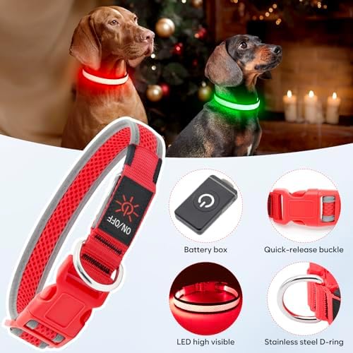 Flashseen LED Dog Collar, Light Up Dog Collar USB Rechargeable, Red, L