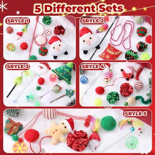 Shappy 5 Sets 55 Pcs Christmas Cat Stocking Toys with Cat Sticks Shaped Santa, Xmas Tree, Yarn Balls, Toy Mouse, Xmas Stocking Pet Set, Interactive Pet Gifts