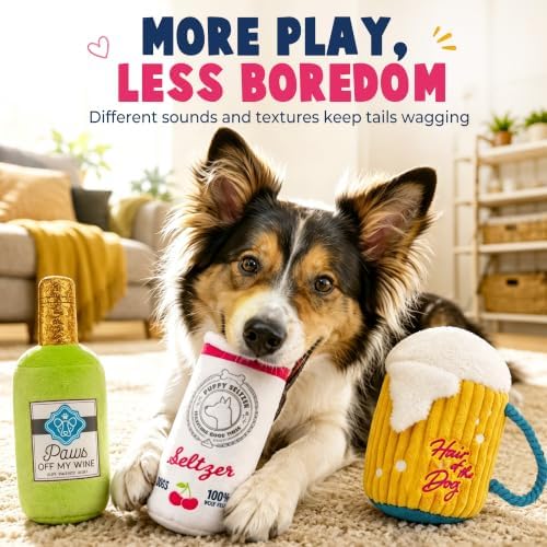 PrimePets 3 Pack Plush Squeaky Dog Toys, Drink-Themed Dog Toy Set