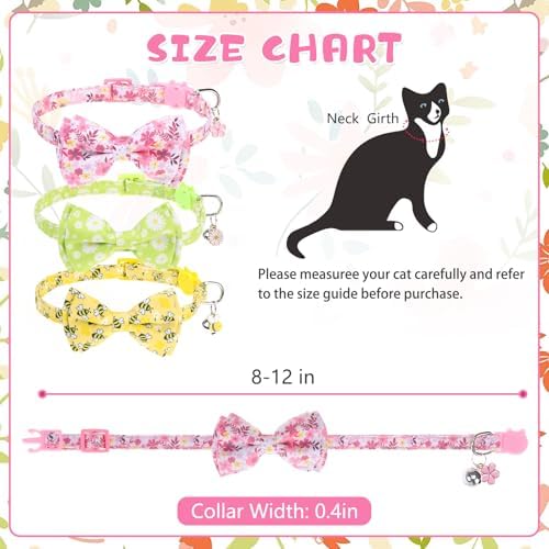 KOOLTAIL Cute Cat Collar Breakaway with Bow Tie and Bell, 3 Pack Adjustable Fancy Flower & Bee Kitten Collar with Charm Pendant & Safety Buckle for Girls Boys Kitty,Daisy & Sakura