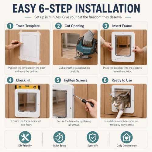 RFID Automatic Cat Door with Remote Control, 4 Modes, 5 RFID Tags