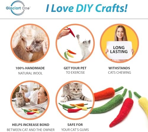 Glaciart One Cat Chili Pepper Toy – 4 Pcs | Soft Fuzzy Enrichment 100% Natural Wool - Interactive Catnip Play Cat Toy Set - Safe for Pets, Non-AZO Colored Dyes