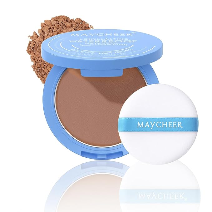 Maycheer Lasting Waterproof Face Powder - 8 Shades Compact, Oil Control Matte Finish, as Foundation & Primer, For All Skin (#07 Brown)
