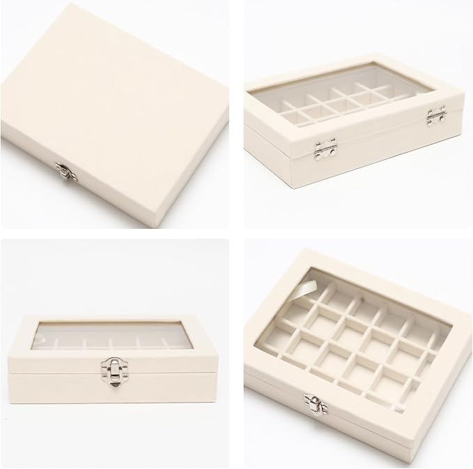 Small Velvet Jewelry Tray with Clear Lid, 24 Grids Beige | Lockable Ring Earring Holder Organizer Storage Box Case Jewelry Box Organizer for Rings Earrings Bracelets Brooches