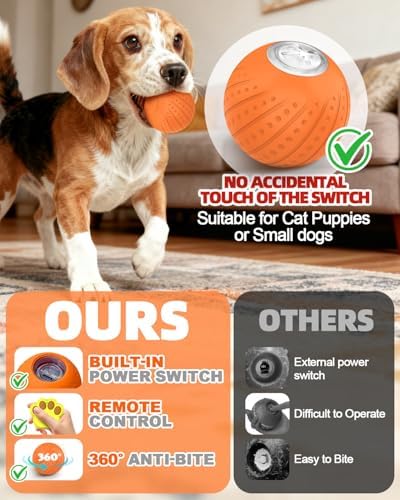 Jovrun Interactive Dog Toys Ball, 2025 Upgraded Remote Control Small Dog Toys, Durable Motion Activated Automatic Dogs Balls for Small Dogs (Orange, with Remote Control)