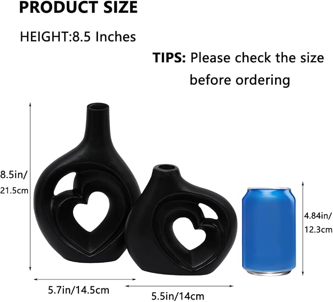 Matte Black Heart Shaped Hollow Ceramic Vase Set of 2 | Modern Minimalism Styles, Mid Century Nordic Aesthetic, Home Table Decor, 8.5in