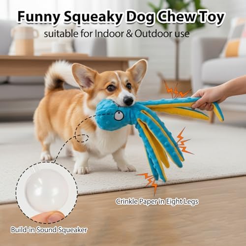 Squeaky Dog Toys, 2PCS Crinkle Octopus No Stuffing Plush Dog Toys