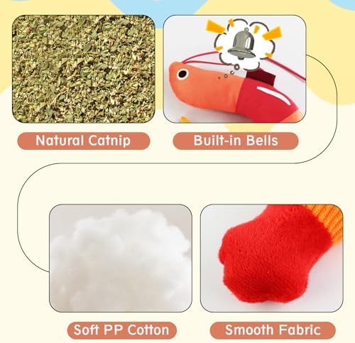Andiker 2 Pcs Catnip Toys for Cats, Cute Shrimp and Lobster Shape Plush Toy with Catnip PP Cotton Built-in Bells Funny Interactive Cat Toys for Indoor Cats Bite Chew Hunting
