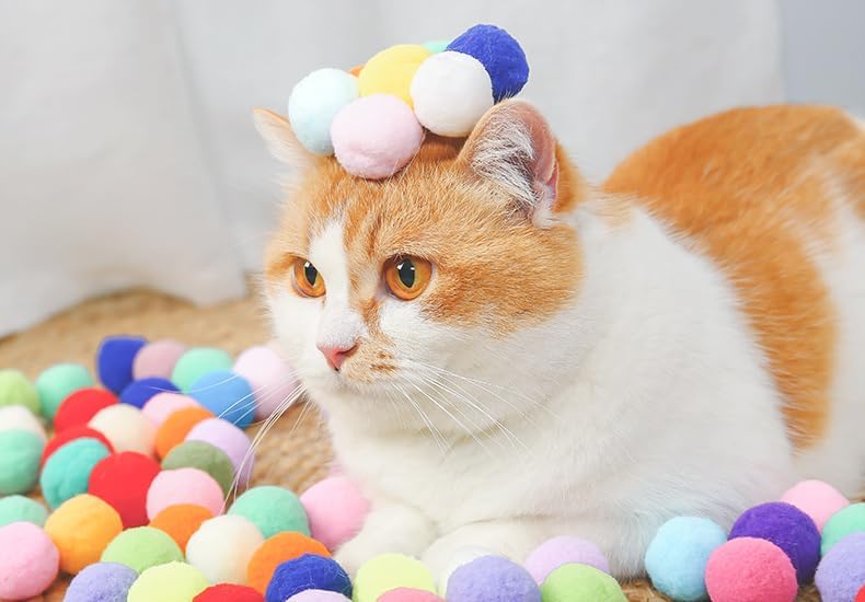 Cat Toy Ball Launcher Set Colorful Plush Toys Pom Pom Balls Cats Enrichment