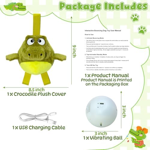 Plush Interactive Dog Toys, USB Rechargeable Jumping Squeaky Ball, Ideal for Keeping Puppy Busy Indoors, Motion Activated Balls for Medium/Large Dogs, Not for Aggressive Chewers (Crocodile)
